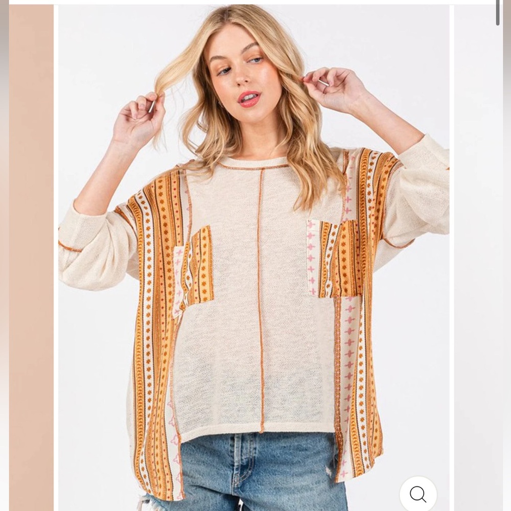 Boho Stripe Pocket Knit Top - Cream & Mustard
